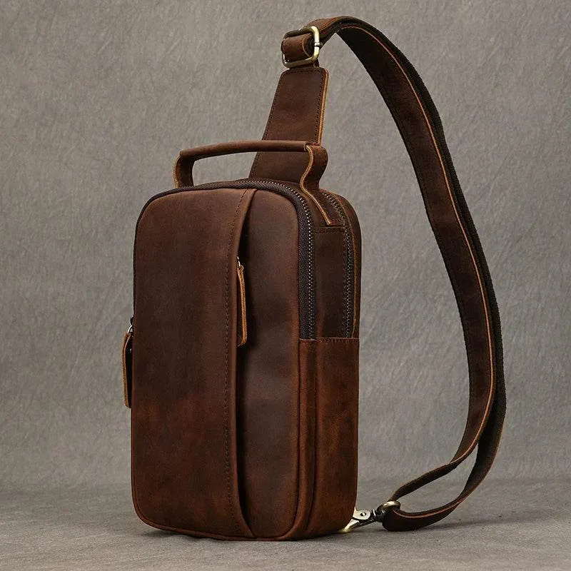 Crazy Horse Leather Men’s Chest Bag Top Layer Cowhide Sling