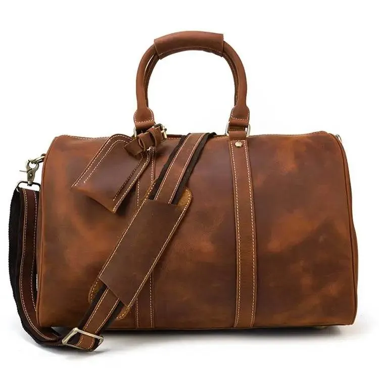 Crazy Horse Leather Men’s Travel Duffle Bag Retro Cowhide