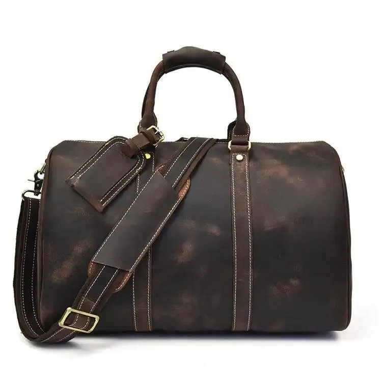 Crazy Horse Leather Men’s Travel Duffle Bag Retro Cowhide