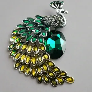 Crystal Peacock Brooch in Green and Gold