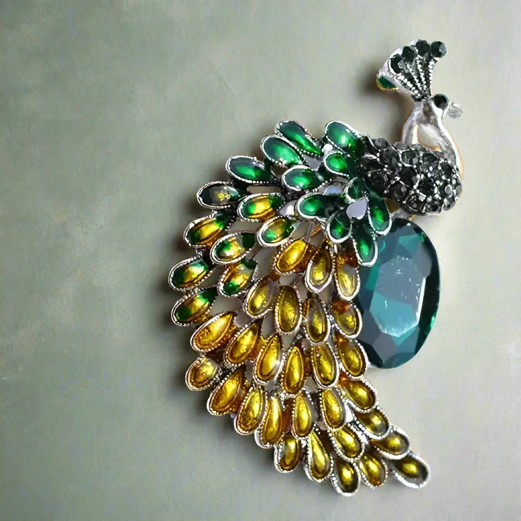 Crystal Peacock Brooch in Green and Gold