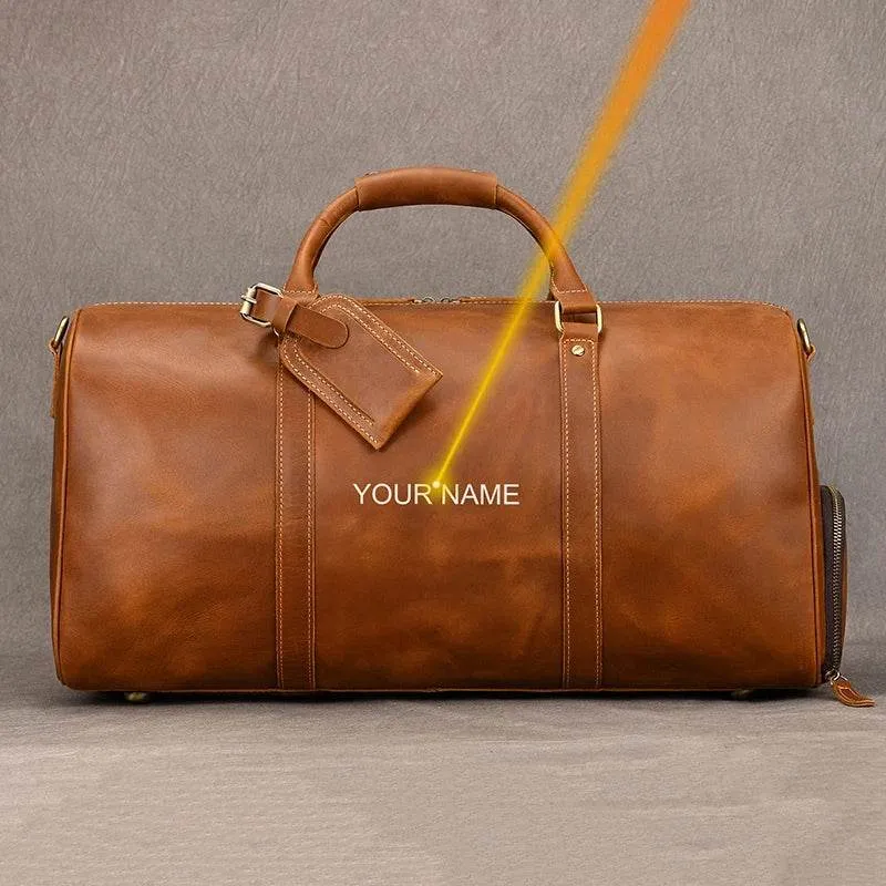 Custom Name Leather Duffel Bag Men’s Weekender Travel Bag