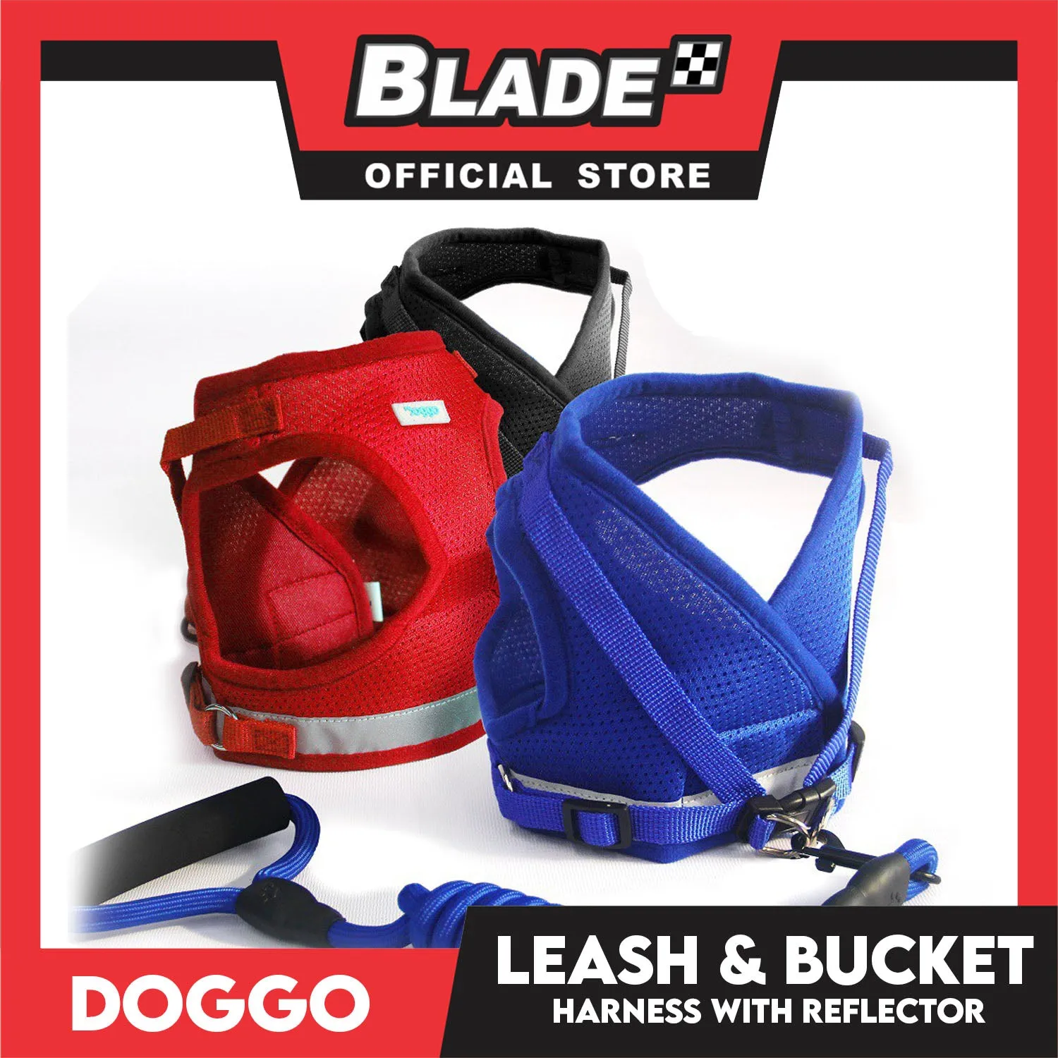 Doggo Leash and Bucket Harness with Reflector Large (Black) Perfect Set for Your Dog