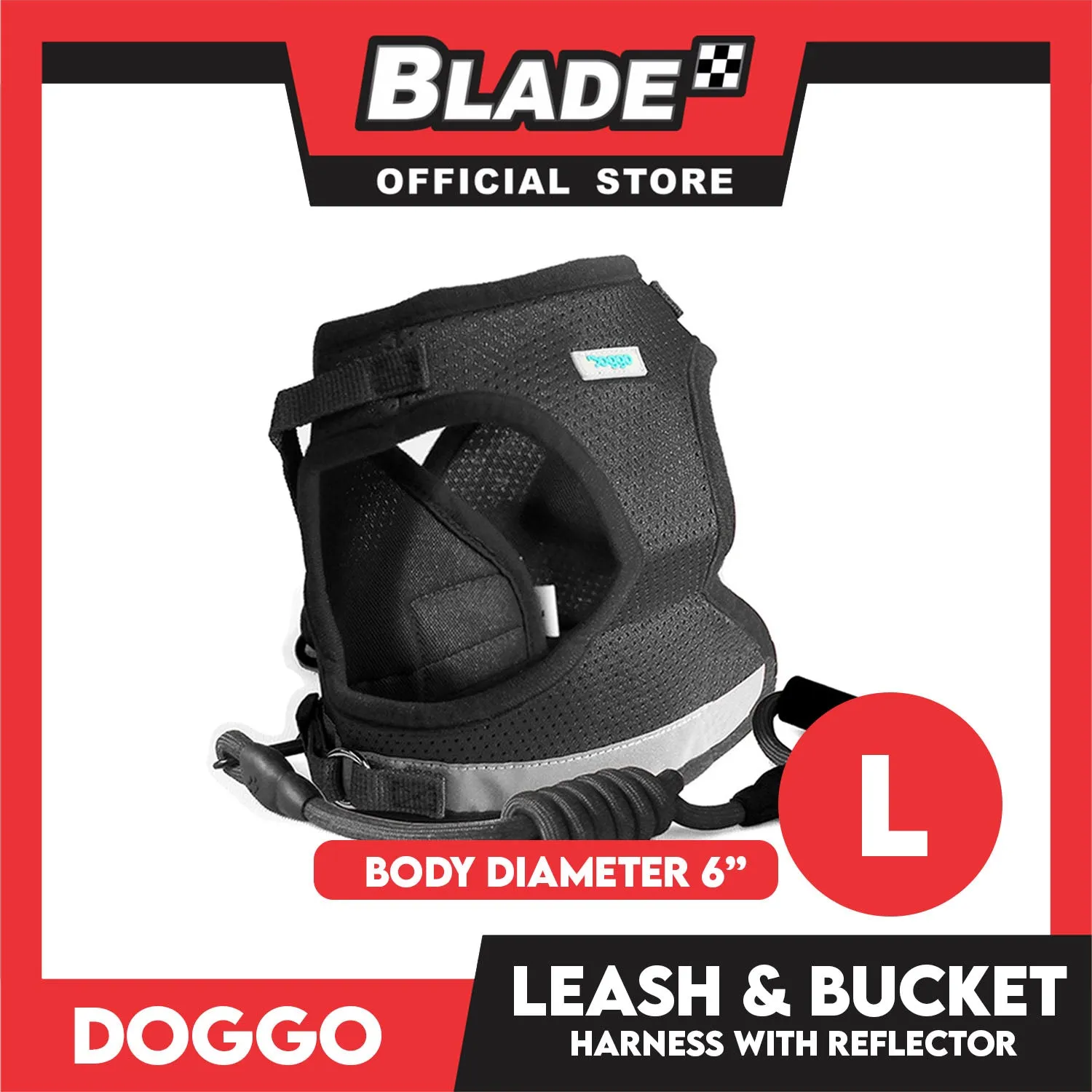 Doggo Leash and Bucket Harness with Reflector Large (Black) Perfect Set for Your Dog