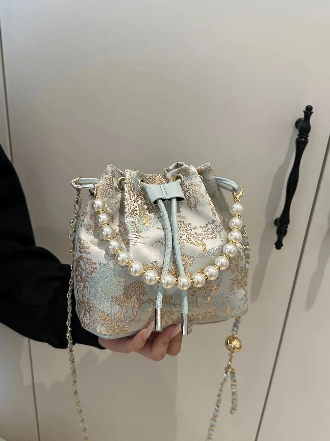 Drawstring Pearl Bucket Bag
