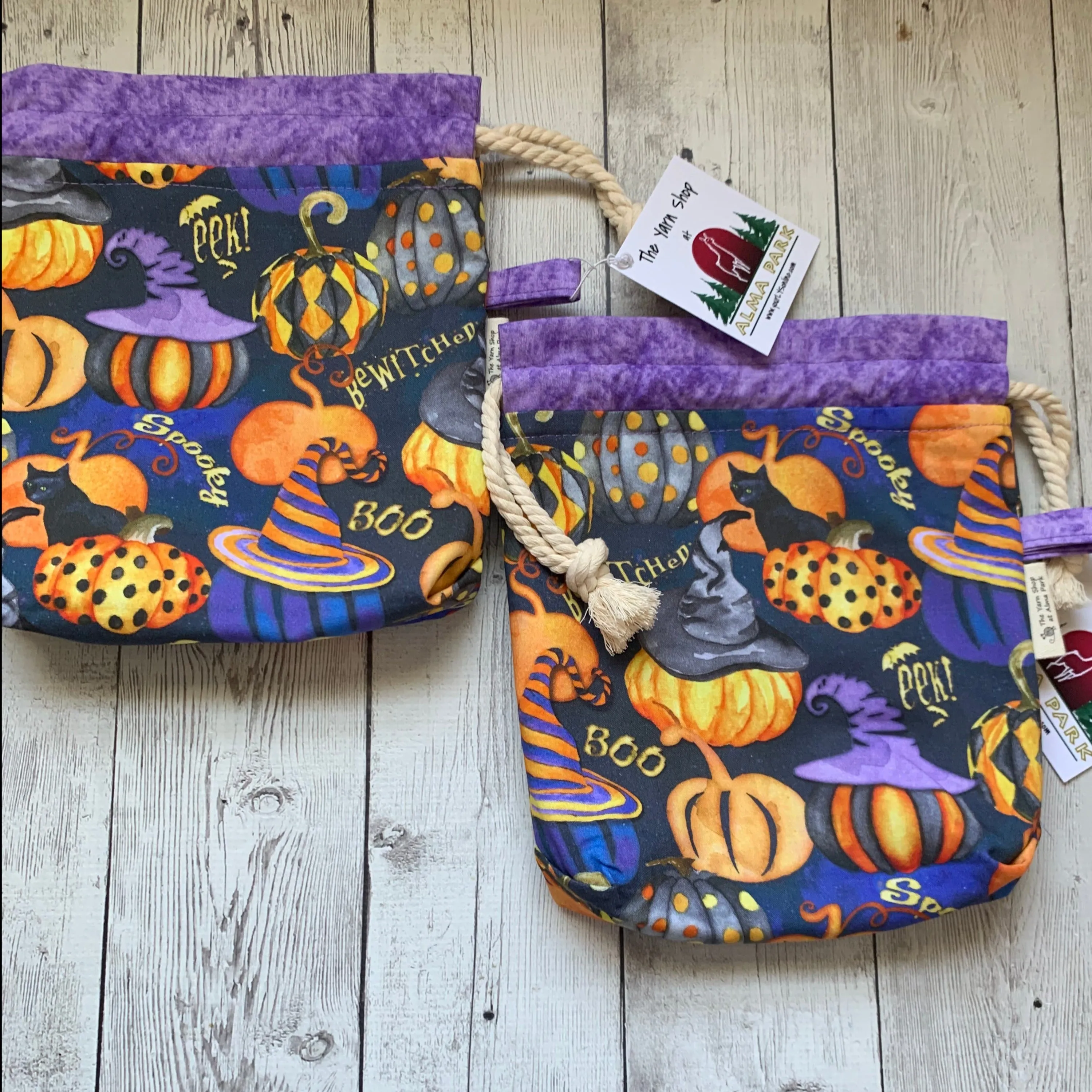 Drawstring Project Bag by Rose (MEDIUM) - BOO with Lilac / Purple Witches
