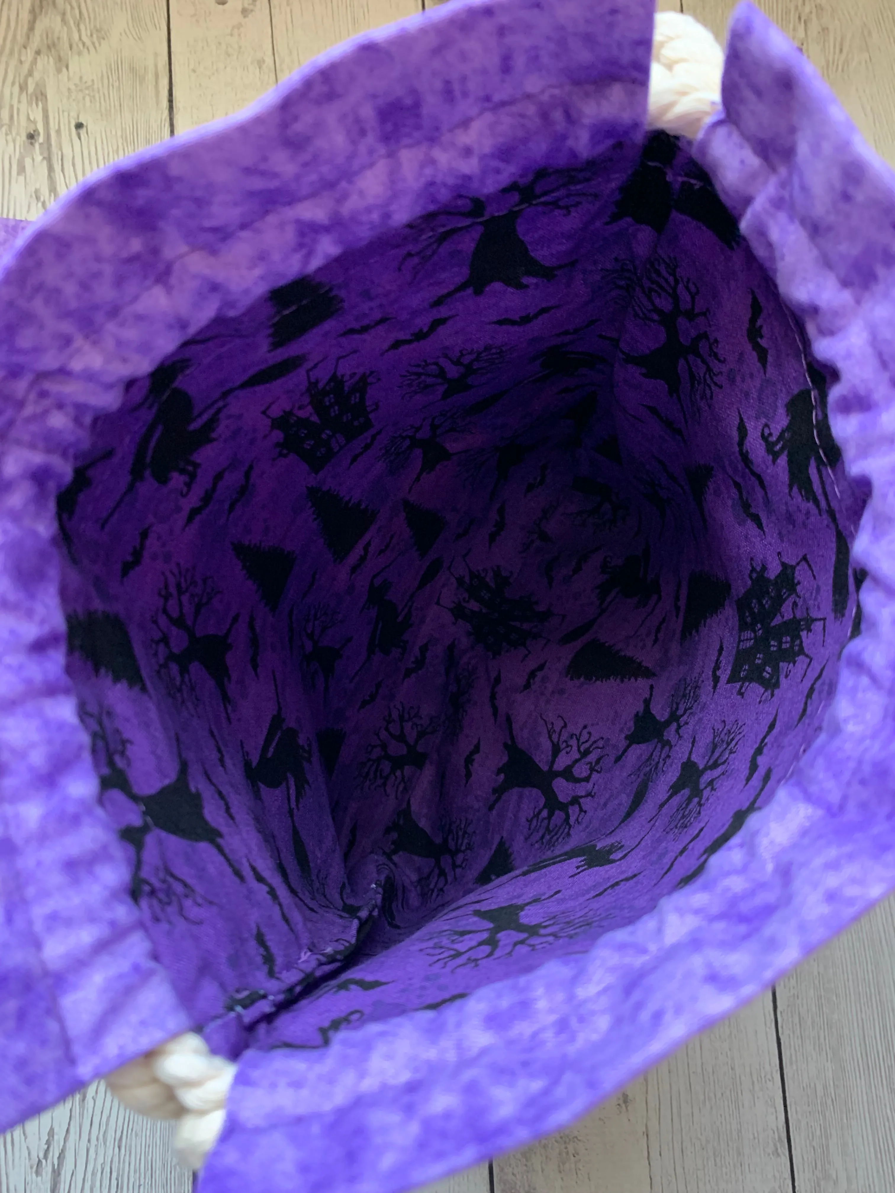 Drawstring Project Bag by Rose (MEDIUM) - BOO with Lilac / Purple Witches