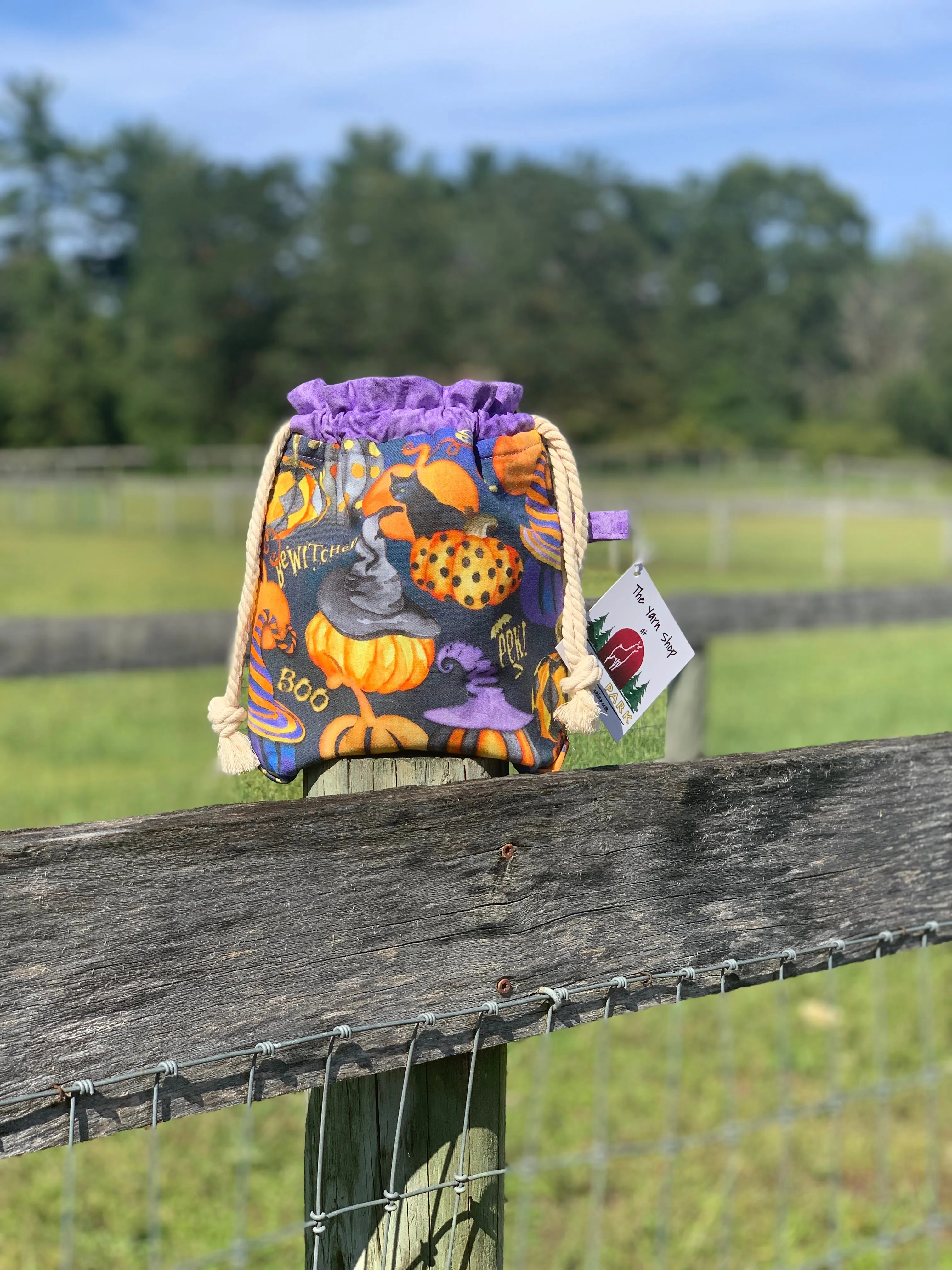 Drawstring Project Bag by Rose (MEDIUM) - BOO with Lilac / Purple Witches