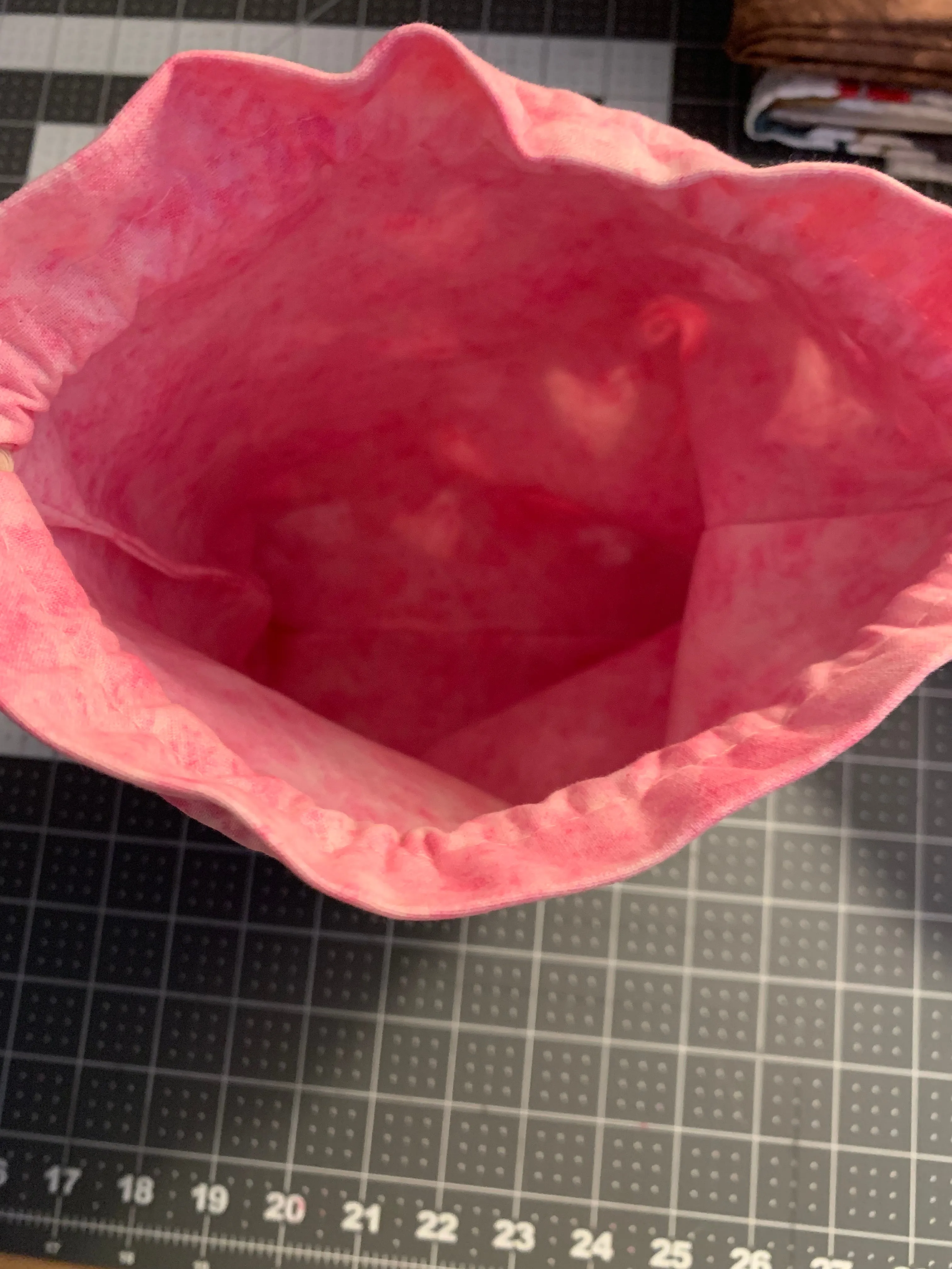 Drawstring Project Bag by Rose (MEDIUM) - HEARTS on BLACK (shiny red hearts) with Pink