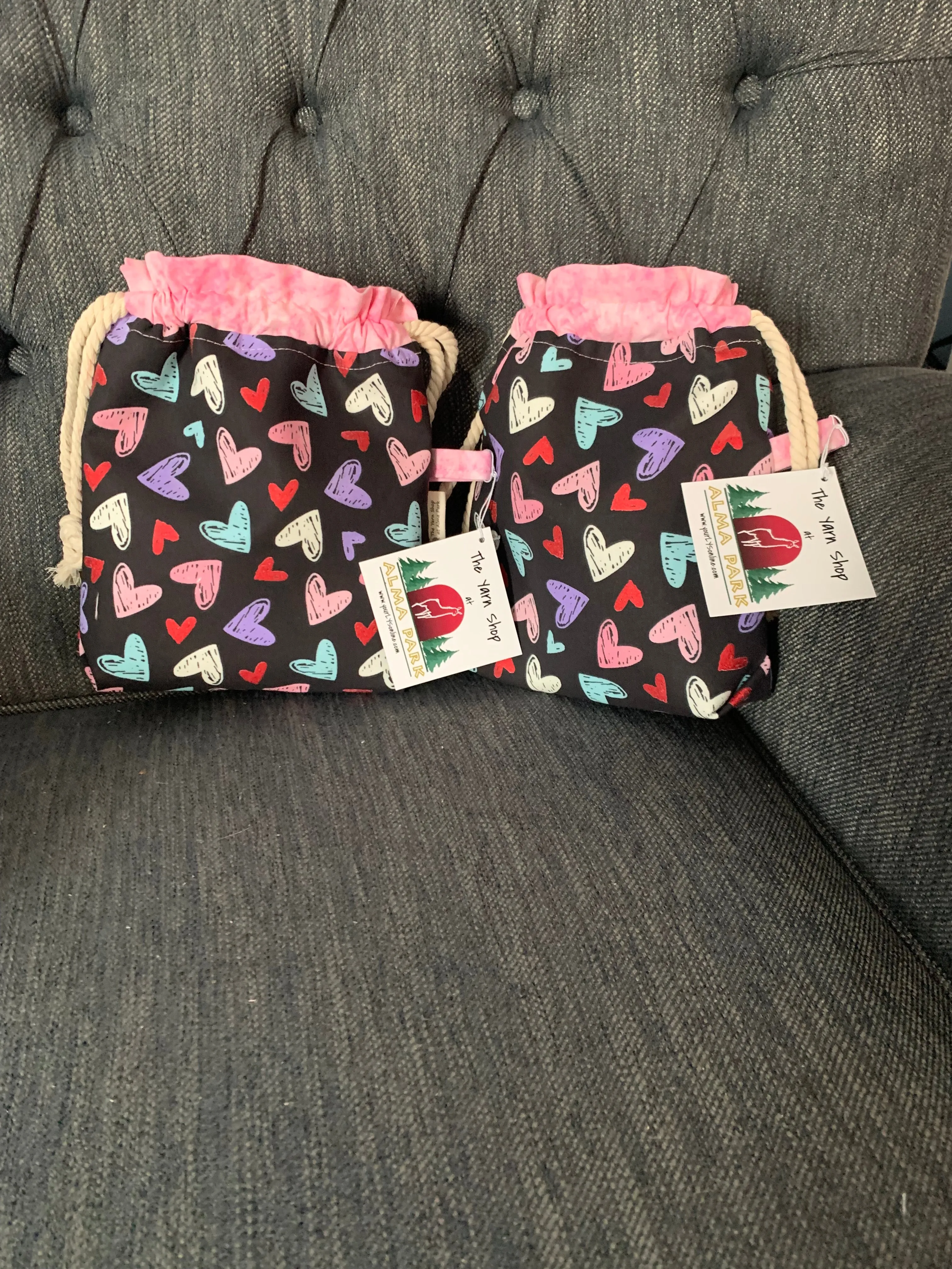 Drawstring Project Bag by Rose (MEDIUM) - HEARTS on BLACK (shiny red hearts) with Pink