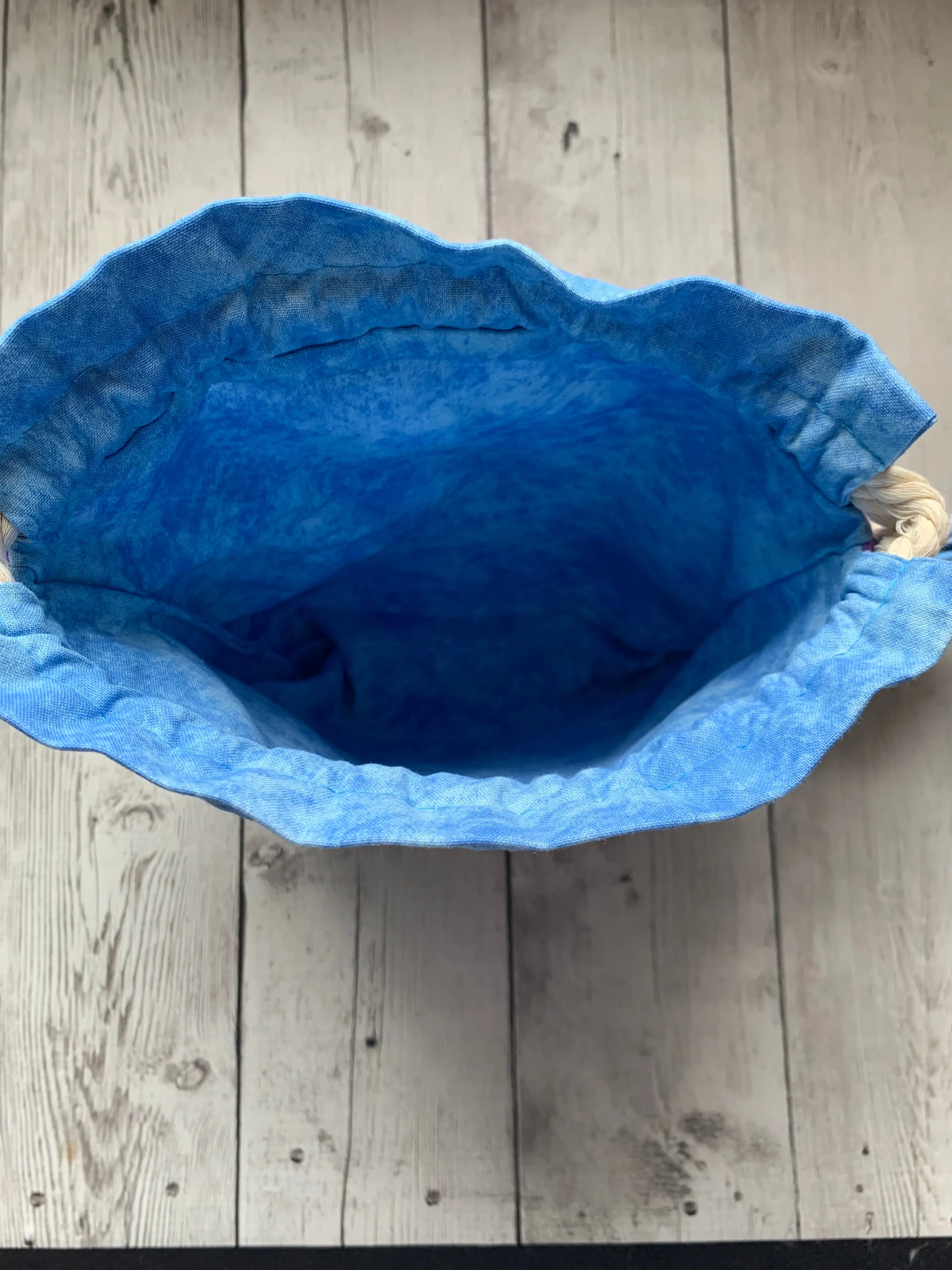 Drawstring Project Bag by Rose (MEDIUM) - PURPLE and BLUE BUTTERFLIES with Blue