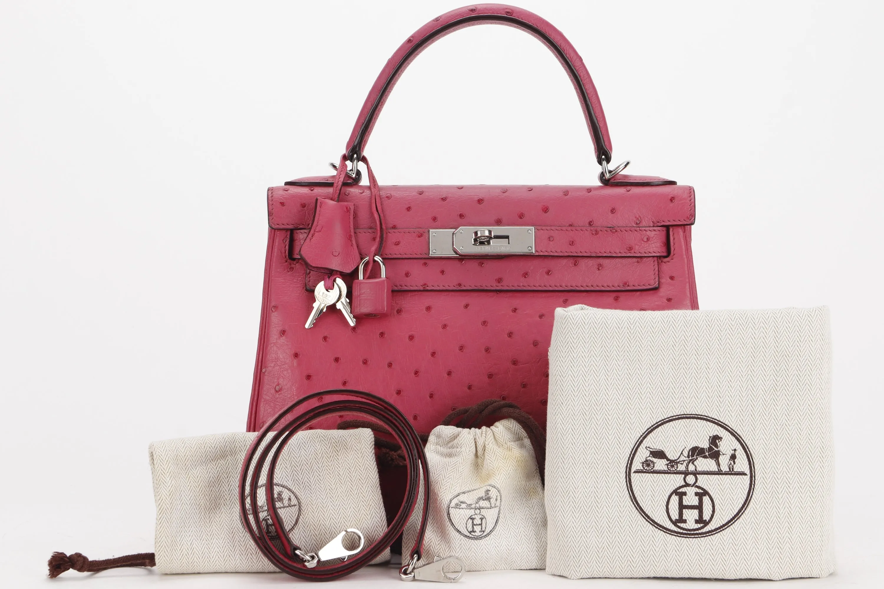 (EXOTIC) HERMES KELLY 28 (STAMP J) FUCHSIA OSTRICH PALLADIUM HARDWARE, WITH KEYS, LOCK, STRAP & DUST COVER