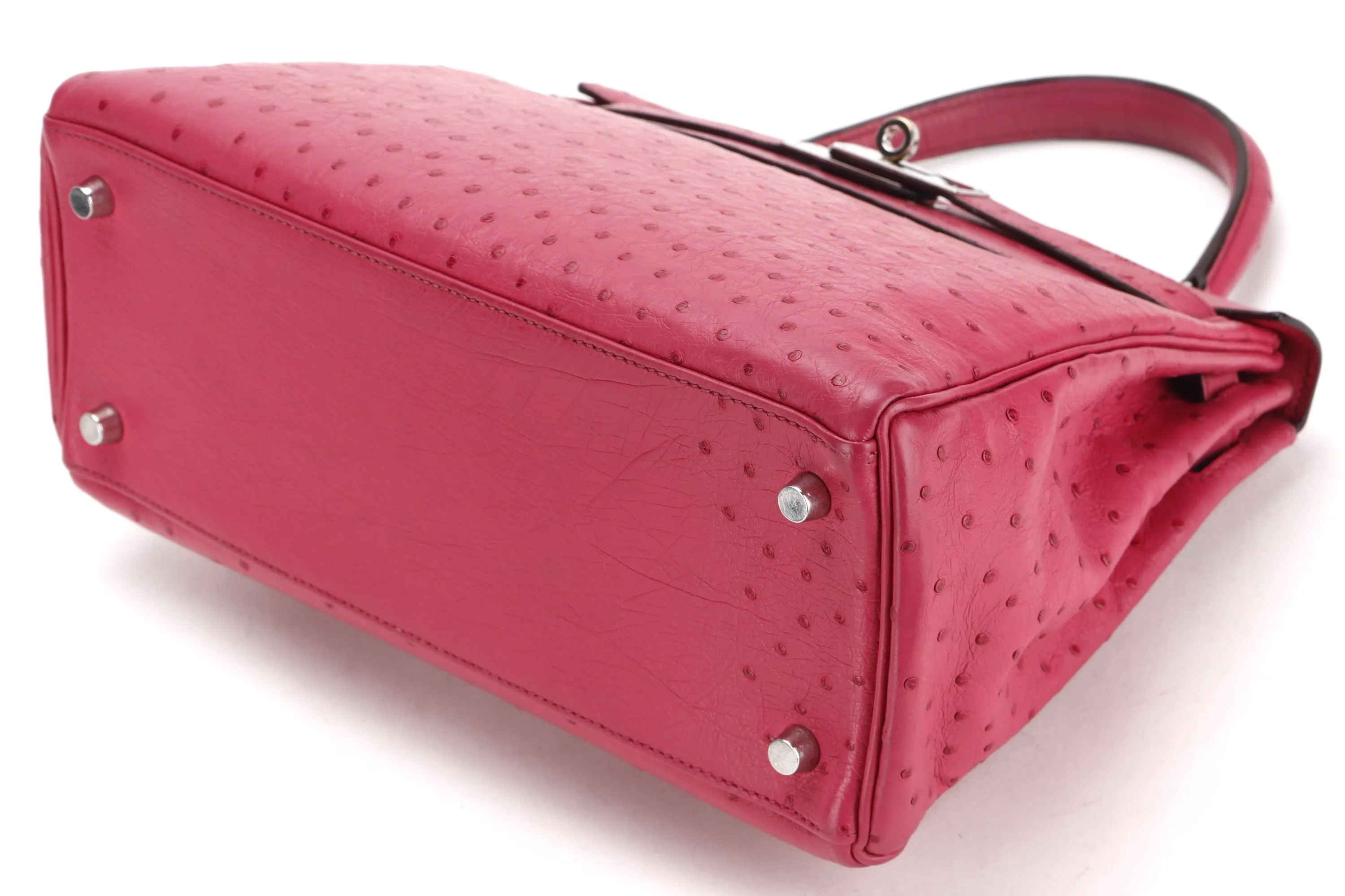 (EXOTIC) HERMES KELLY 28 (STAMP J) FUCHSIA OSTRICH PALLADIUM HARDWARE, WITH KEYS, LOCK, STRAP & DUST COVER