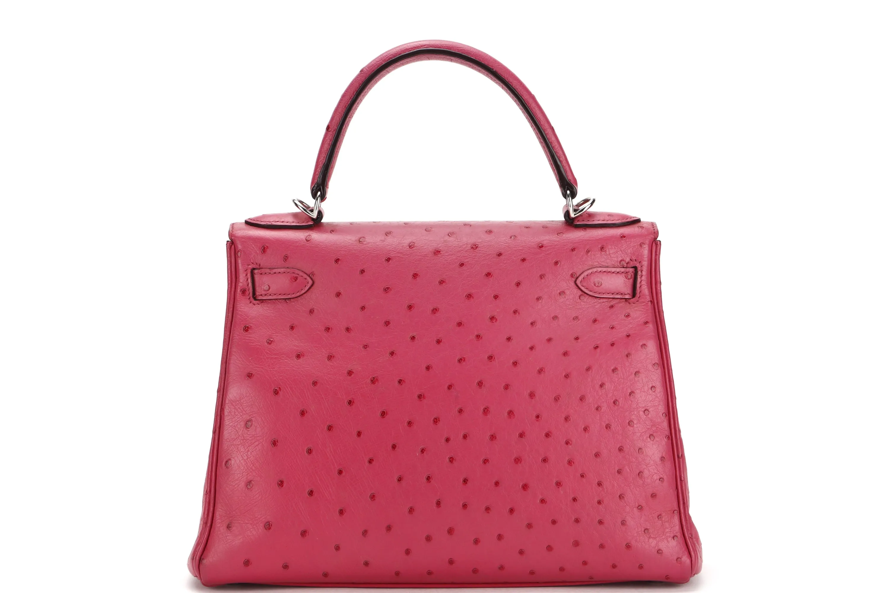 (EXOTIC) HERMES KELLY 28 (STAMP J) FUCHSIA OSTRICH PALLADIUM HARDWARE, WITH KEYS, LOCK, STRAP & DUST COVER
