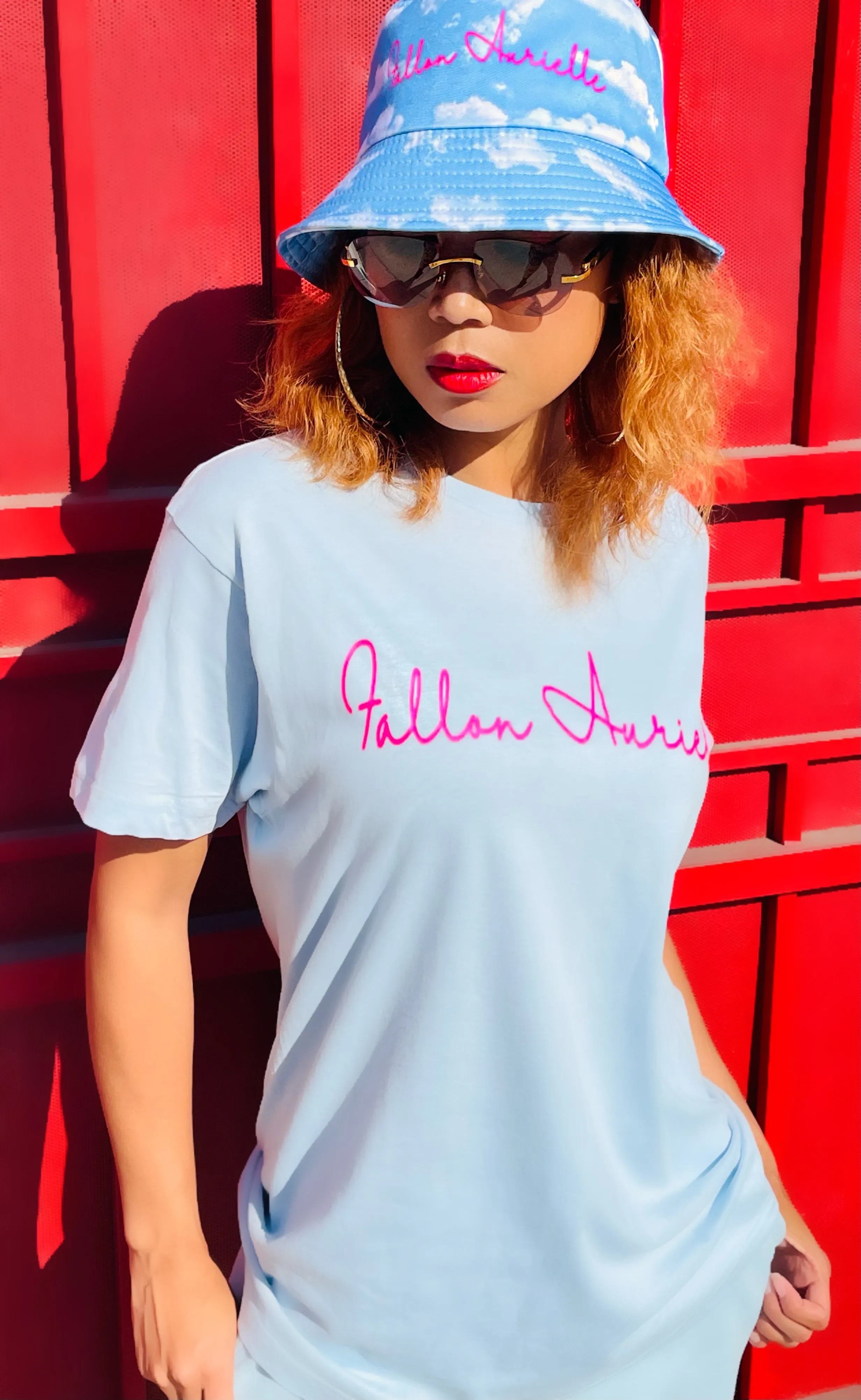 Fallon Aurielle Unisex Signature Classic T-Shirt (Powder Blue & Neon Pink)