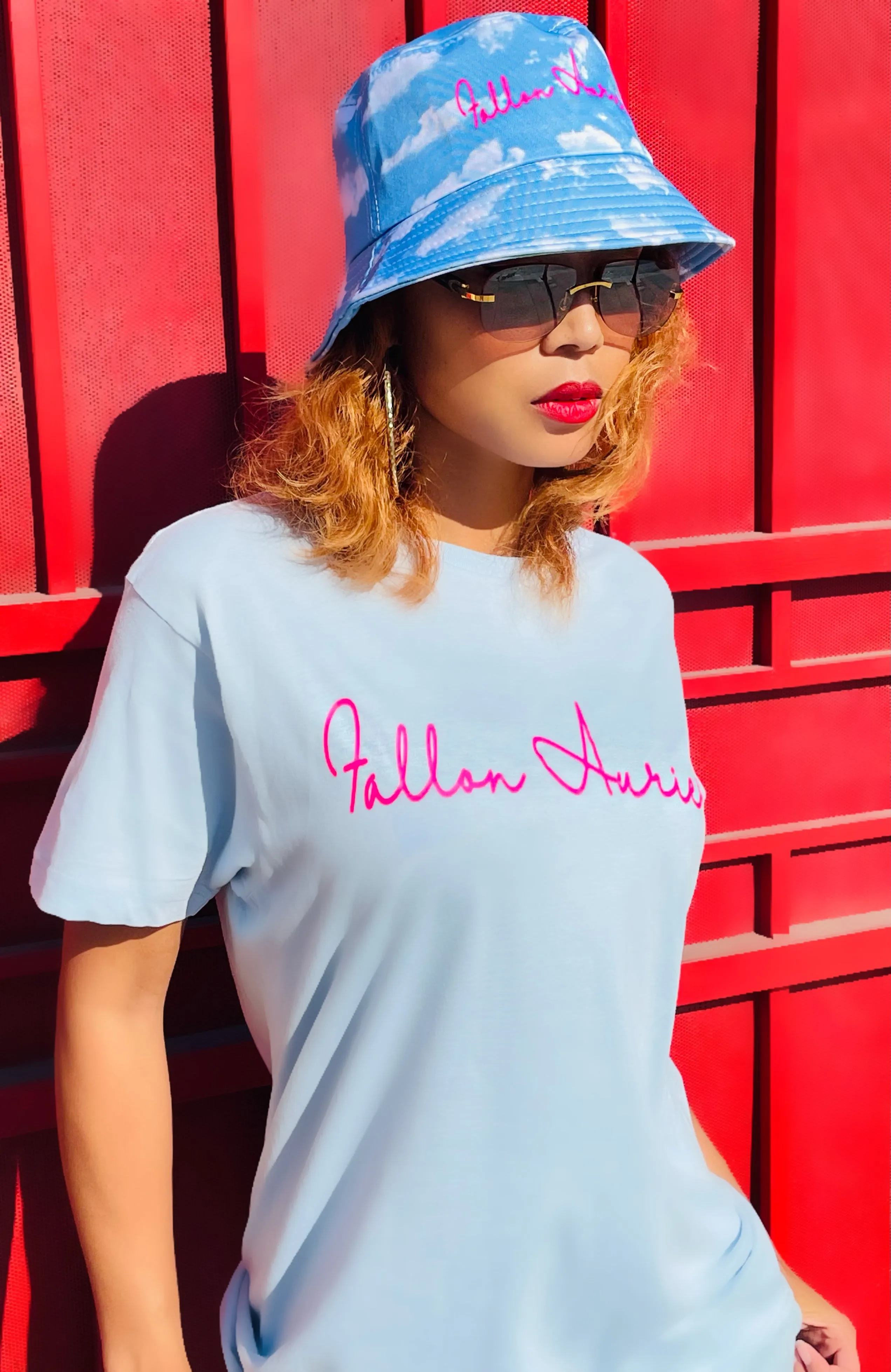 Fallon Aurielle Unisex Signature Classic T-Shirt (Powder Blue & Neon Pink)