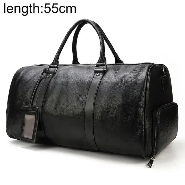 Fashion Genuine Leather Duffel Bag Big Cow Leather Men Women Business Travel Bag Black Large Shoulder Bags Weekend Luggage Bags