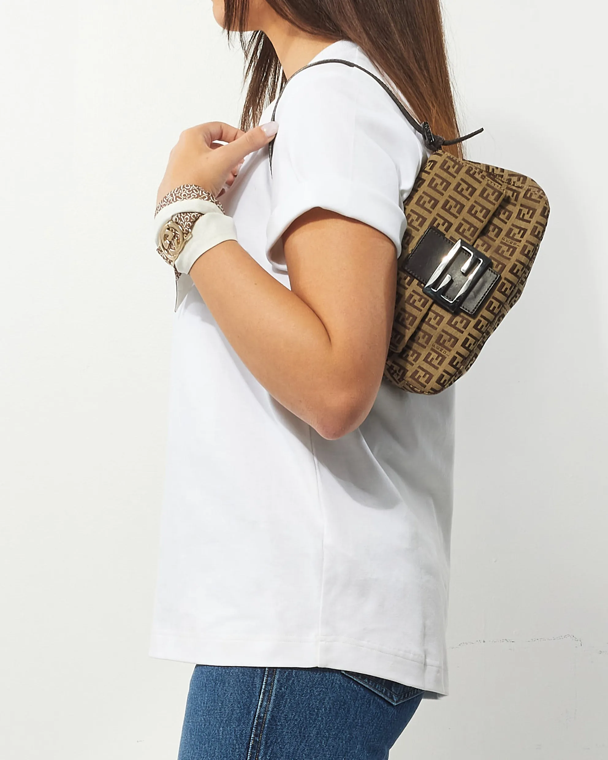 Fendi Brown Zucchino Canvas Mini Baguette Shoulder Bag