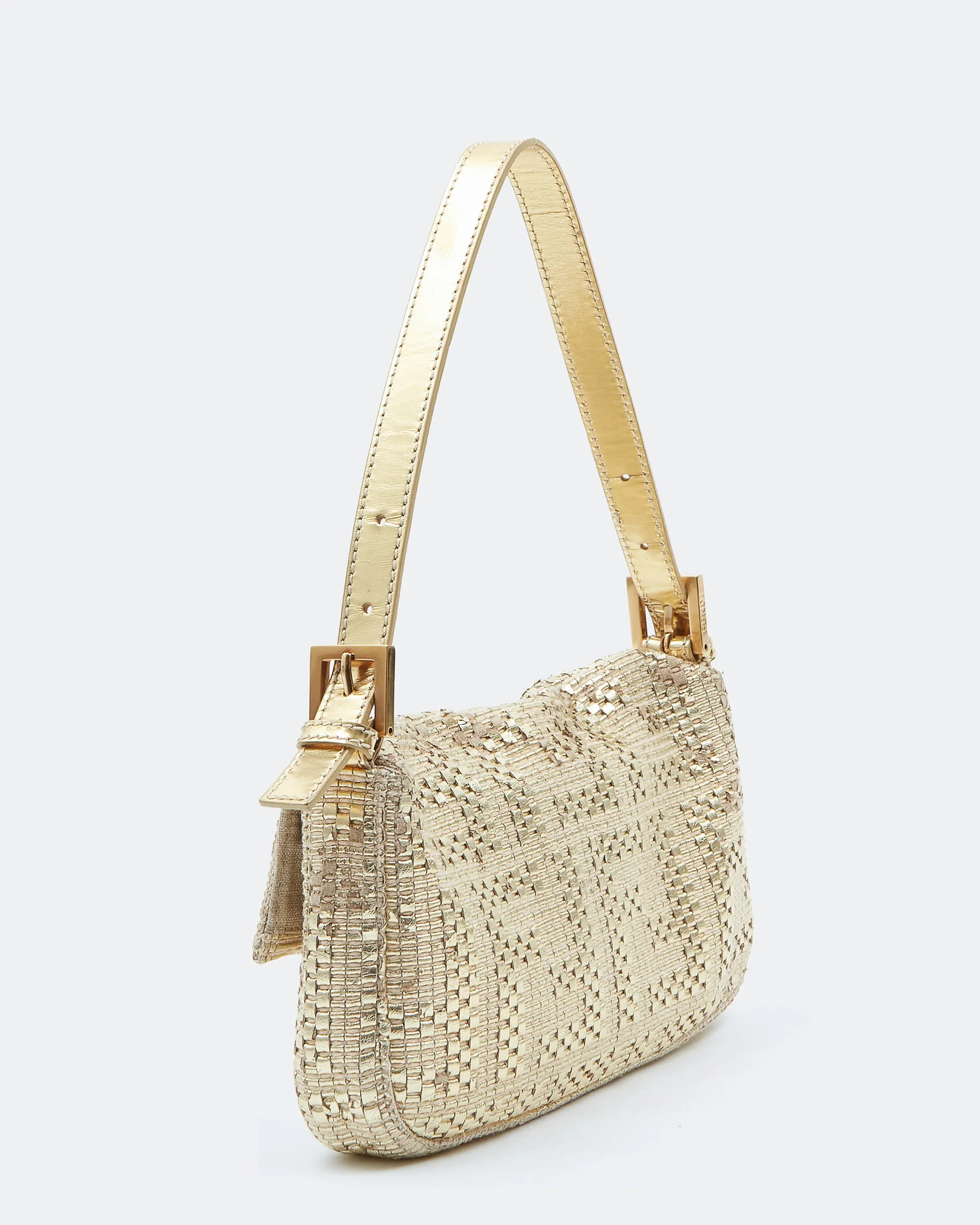 Fendi Gold Hemp / Leather Intrecciato Zucca Baguette Shoulder Bag