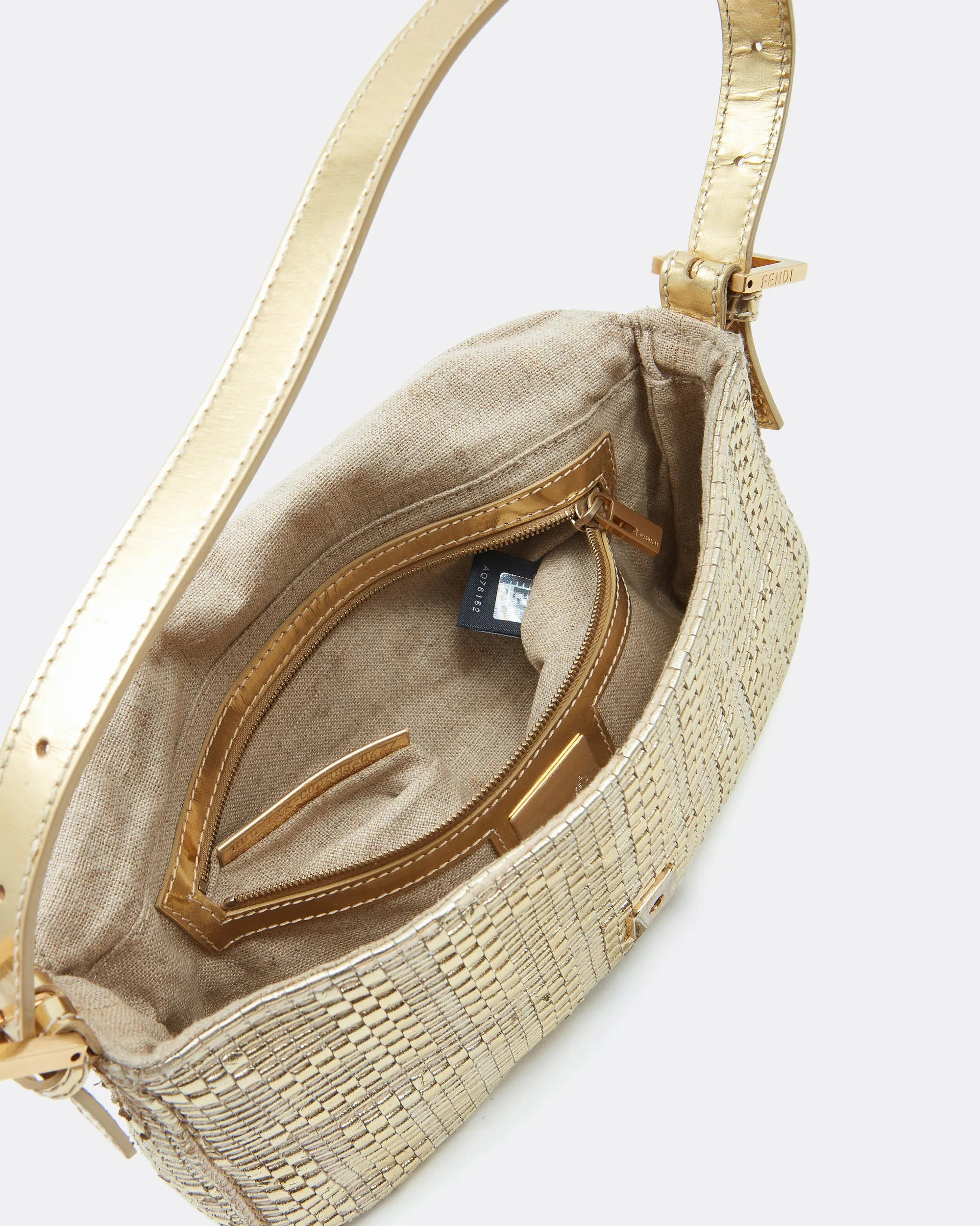 Fendi Gold Hemp / Leather Intrecciato Zucca Baguette Shoulder Bag