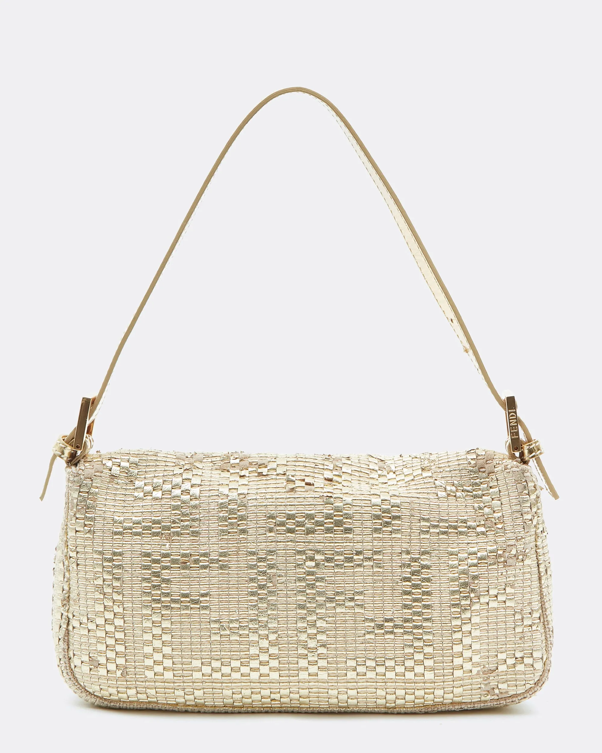 Fendi Gold Hemp / Leather Intrecciato Zucca Baguette Shoulder Bag