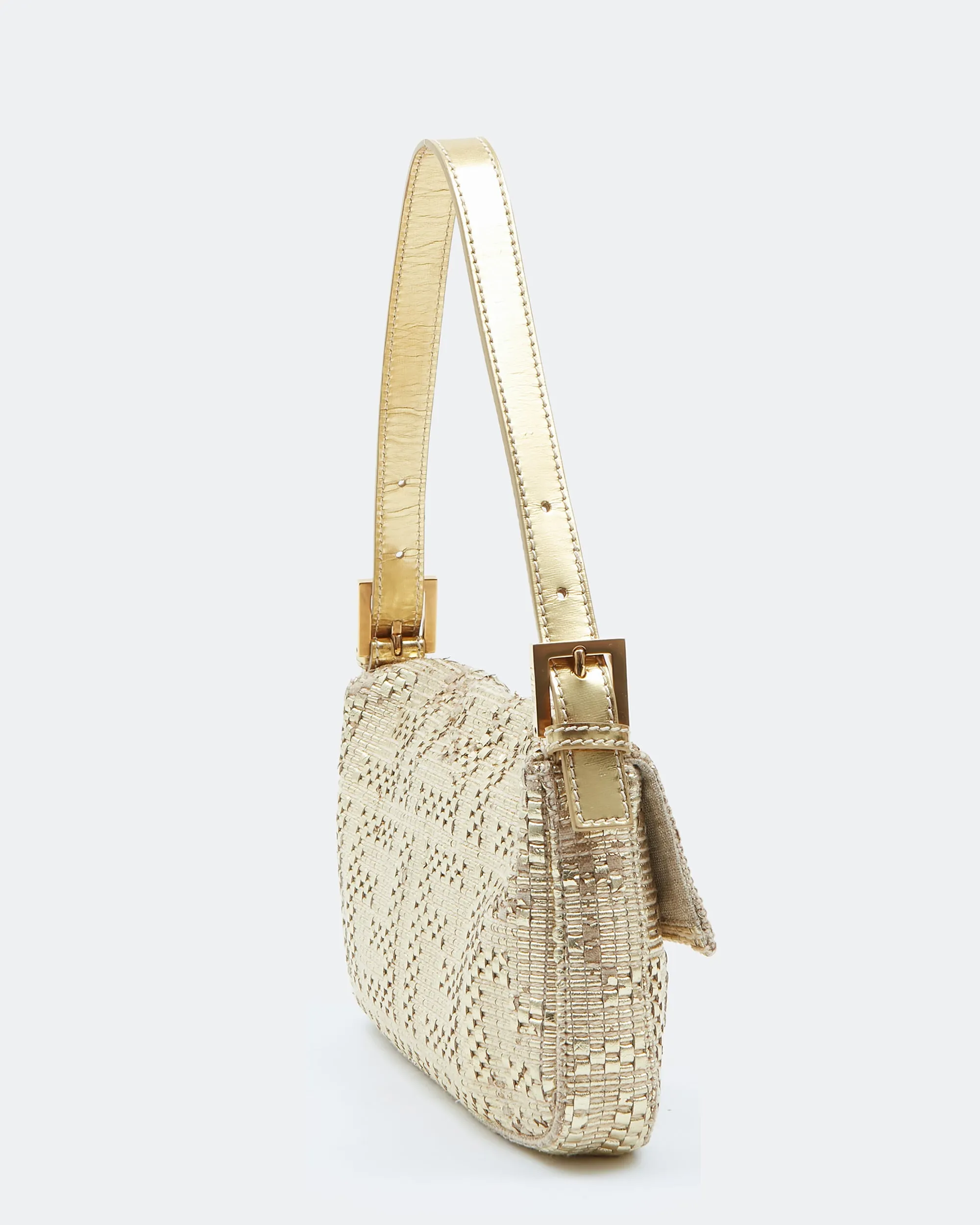 Fendi Gold Hemp / Leather Intrecciato Zucca Baguette Shoulder Bag