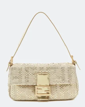Fendi Gold Hemp / Leather Intrecciato Zucca Baguette Shoulder Bag