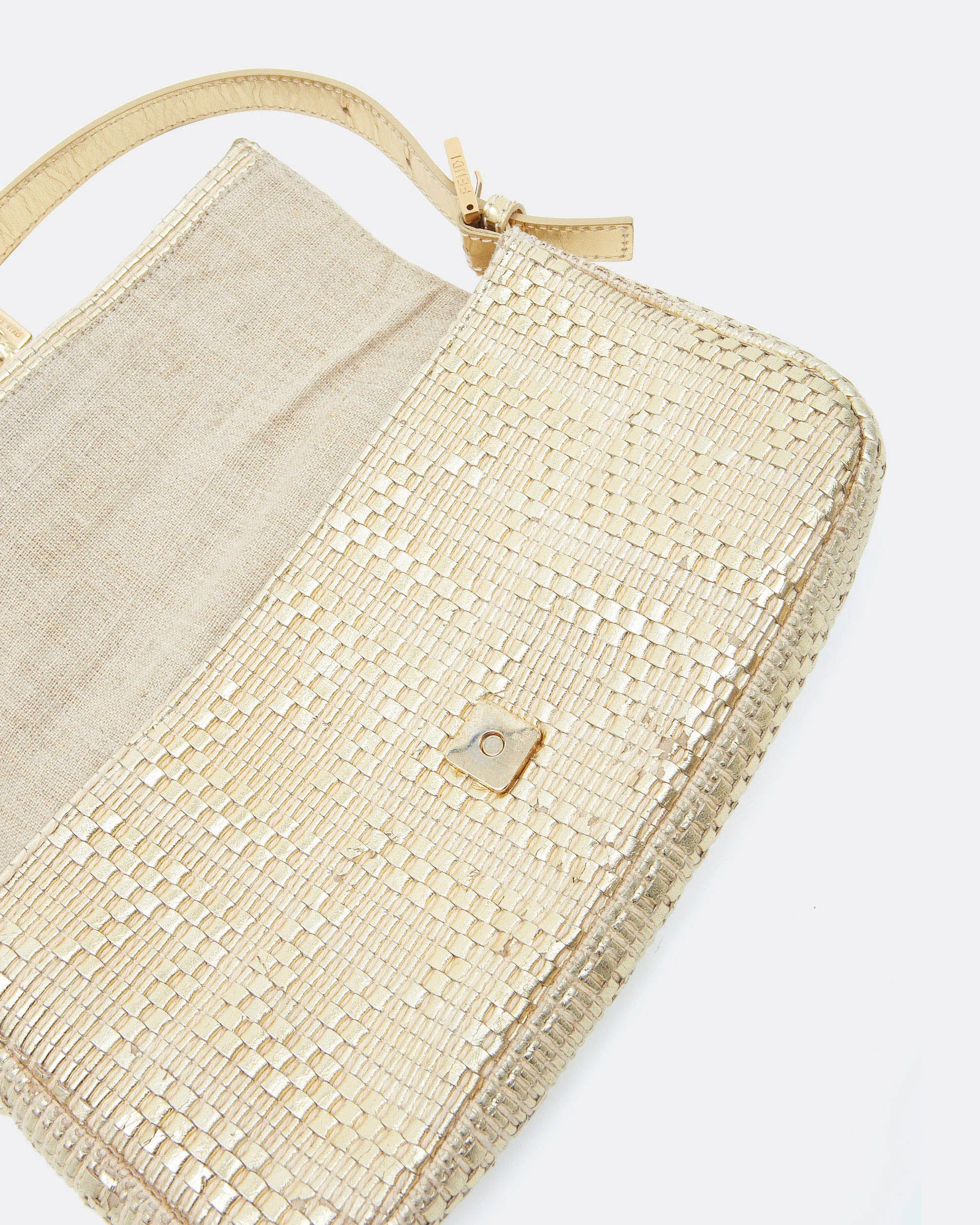 Fendi Gold Hemp / Leather Intrecciato Zucca Baguette Shoulder Bag