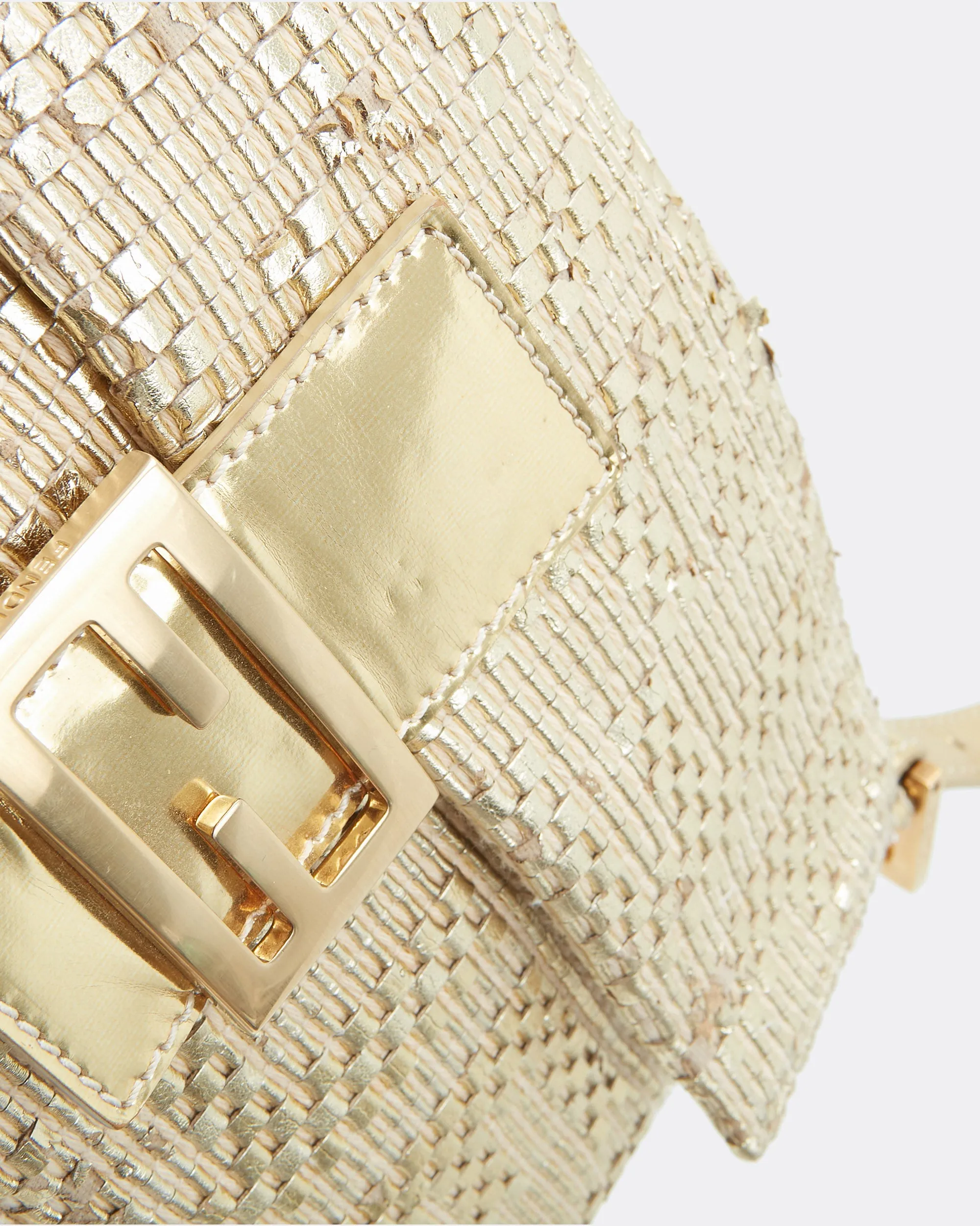 Fendi Gold Hemp / Leather Intrecciato Zucca Baguette Shoulder Bag