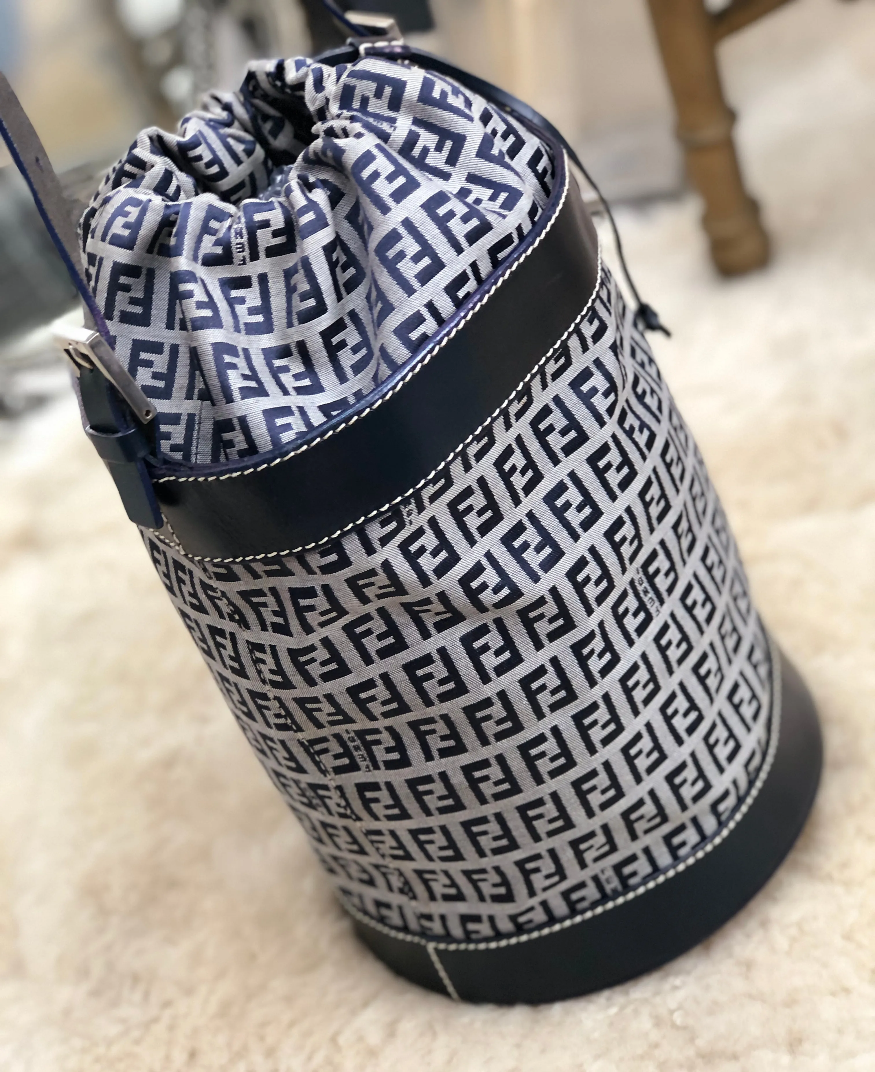 FENDI Zucchino canvas leather drawstring bucket shoulder bag navy vintage old 633efx