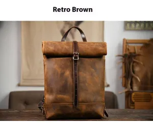 Filed Leather™ Vintage Roll-Top Crazy Horse Cowhide Leather Backpack