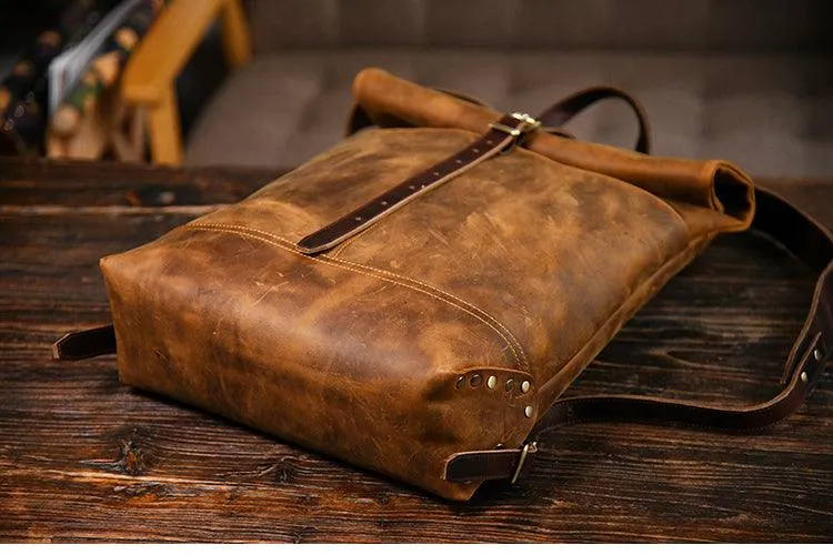 Filed Leather™ Vintage Roll-Top Crazy Horse Cowhide Leather Backpack