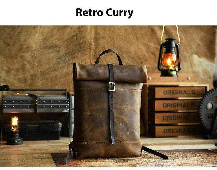 Filed Leather™ Vintage Roll-Top Crazy Horse Cowhide Leather Backpack