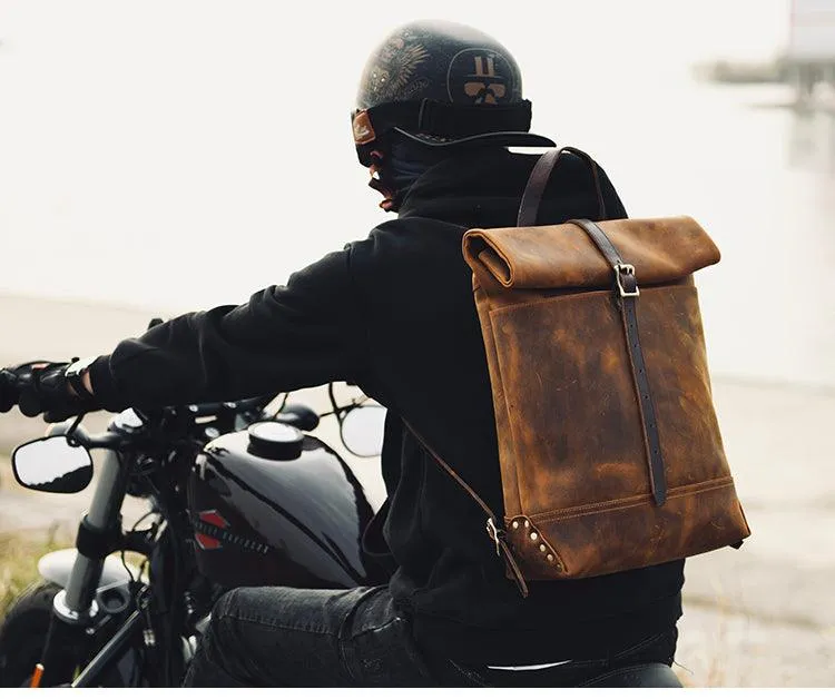 Filed Leather™ Vintage Roll-Top Crazy Horse Cowhide Leather Backpack