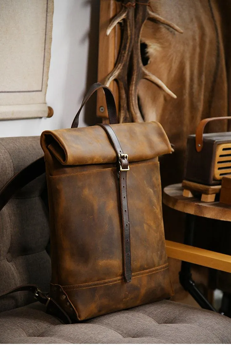 Filed Leather™ Vintage Roll-Top Crazy Horse Cowhide Leather Backpack