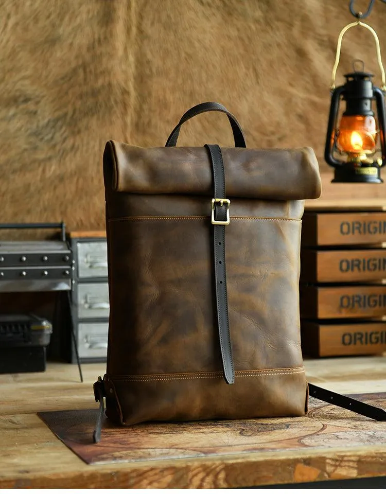 Filed Leather™ Vintage Roll-Top Crazy Horse Cowhide Leather Backpack