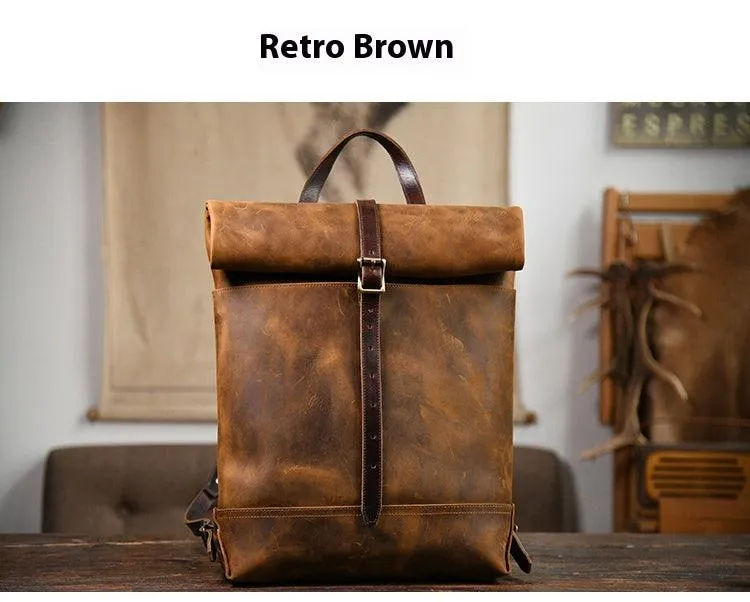 Filed Leather™ Vintage Roll-Top Crazy Horse Cowhide Leather Backpack