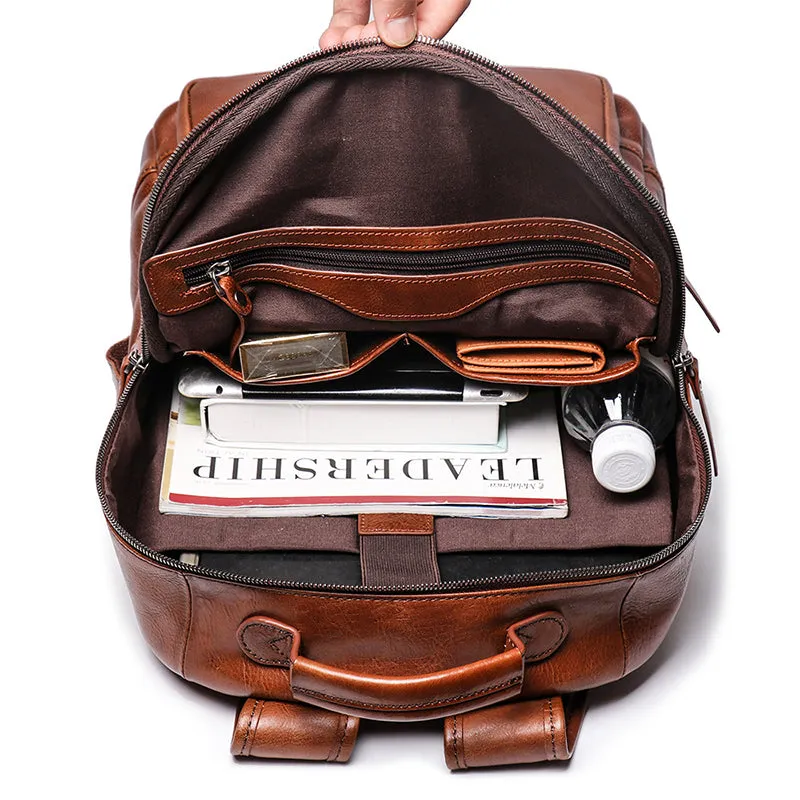 Full Grain Leather Men Backpack Handmade Leather Laptop Backpack Travel Backpack 88120