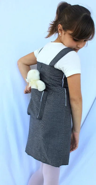 Girls Grey Blue Strappy Short Shift Dress with Back Bucket Pocket