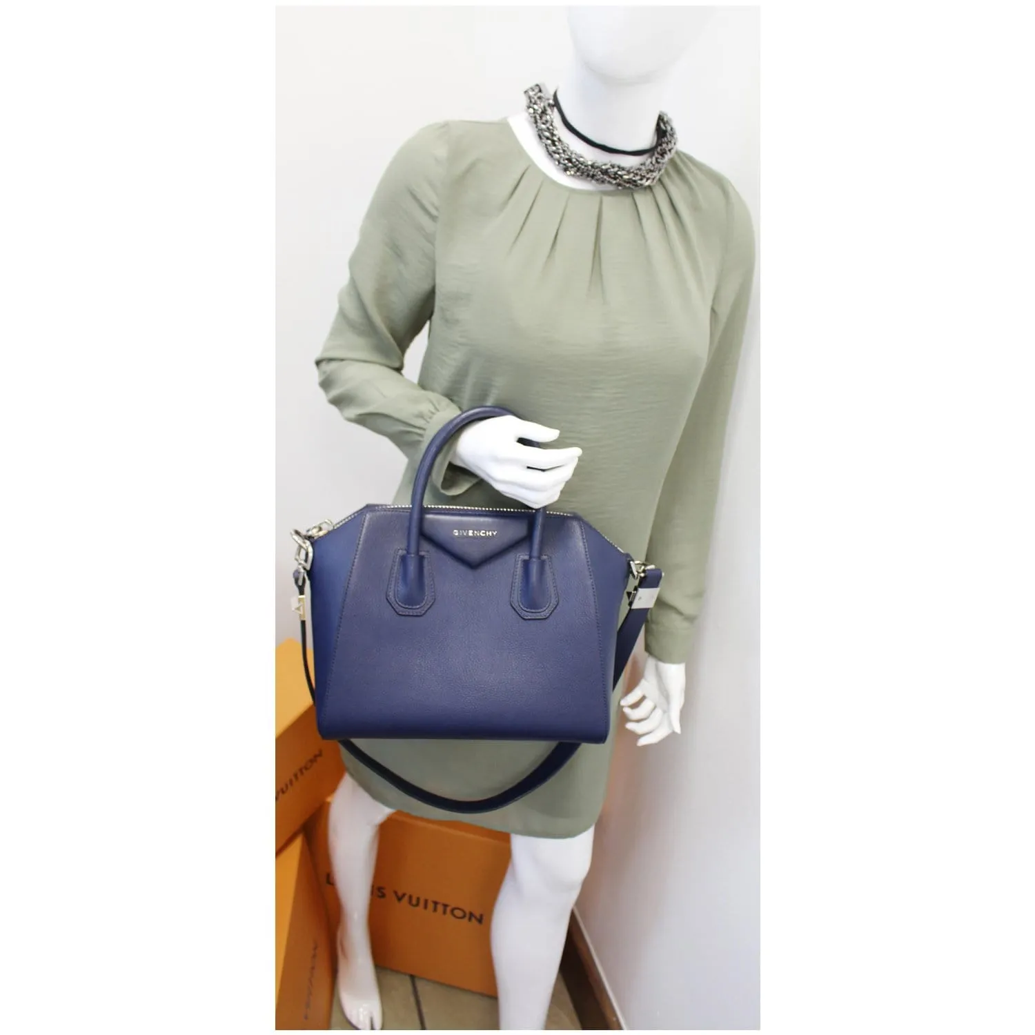 GIVENCHY Antigona Small Goatskin Leather Shoulder Bag Blue