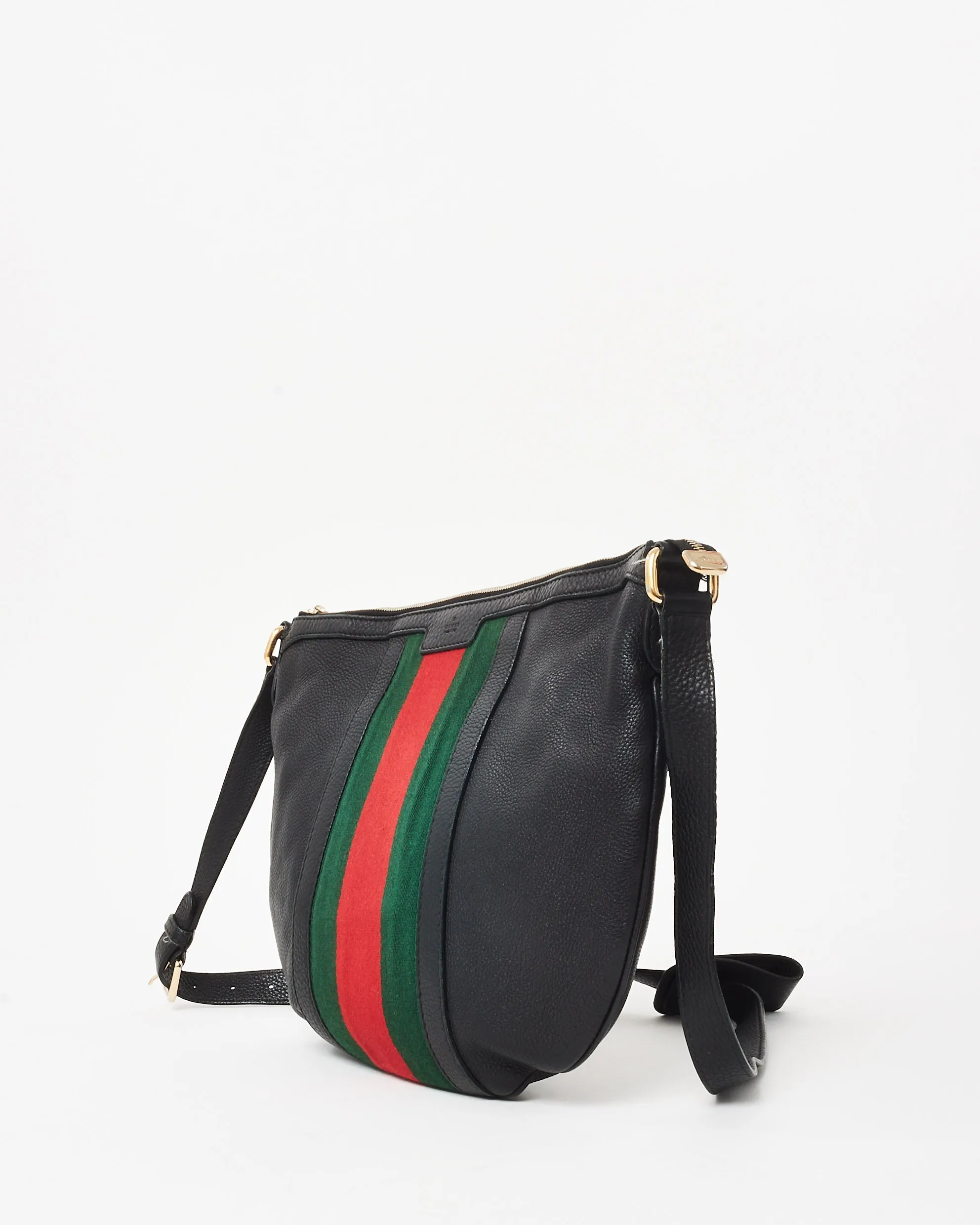 Gucci Black Pebbled Calfskin Vintage Medium Web Half Moon Crossbody Bag