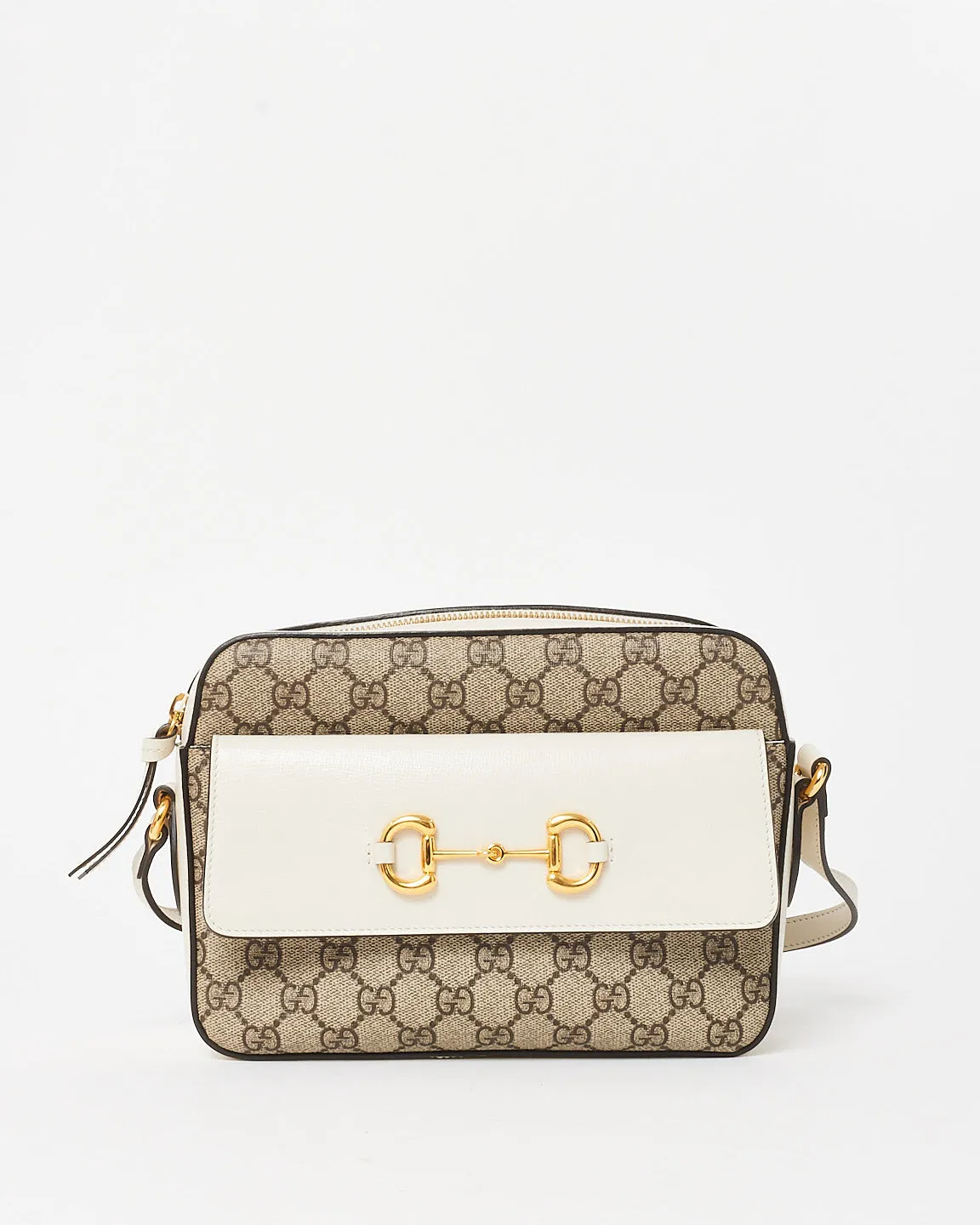 Gucci Monogram Coated Canvas & Cream Leather 1955 Horsebit Crossbody Camera Bag