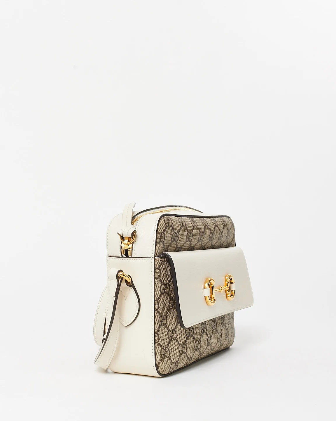 Gucci Monogram Coated Canvas & Cream Leather 1955 Horsebit Crossbody Camera Bag