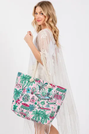 HAND DRAWN PRINT TOTE BEACH BAG