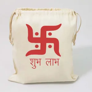Handmakers white gift potli pouch with Red Subh labh print for wedding