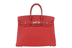 HERMES BIRKIN 25 STAMP P (YEAR 2021) ROUGE VERMILLION TOGO SILVER HARDWARE WITH LOCKKEYS AND DUST COVER