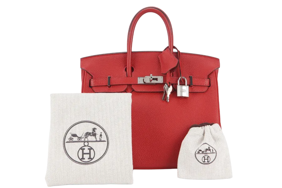 HERMES BIRKIN 25 STAMP P (YEAR 2021) ROUGE VERMILLION TOGO SILVER HARDWARE WITH LOCKKEYS AND DUST COVER
