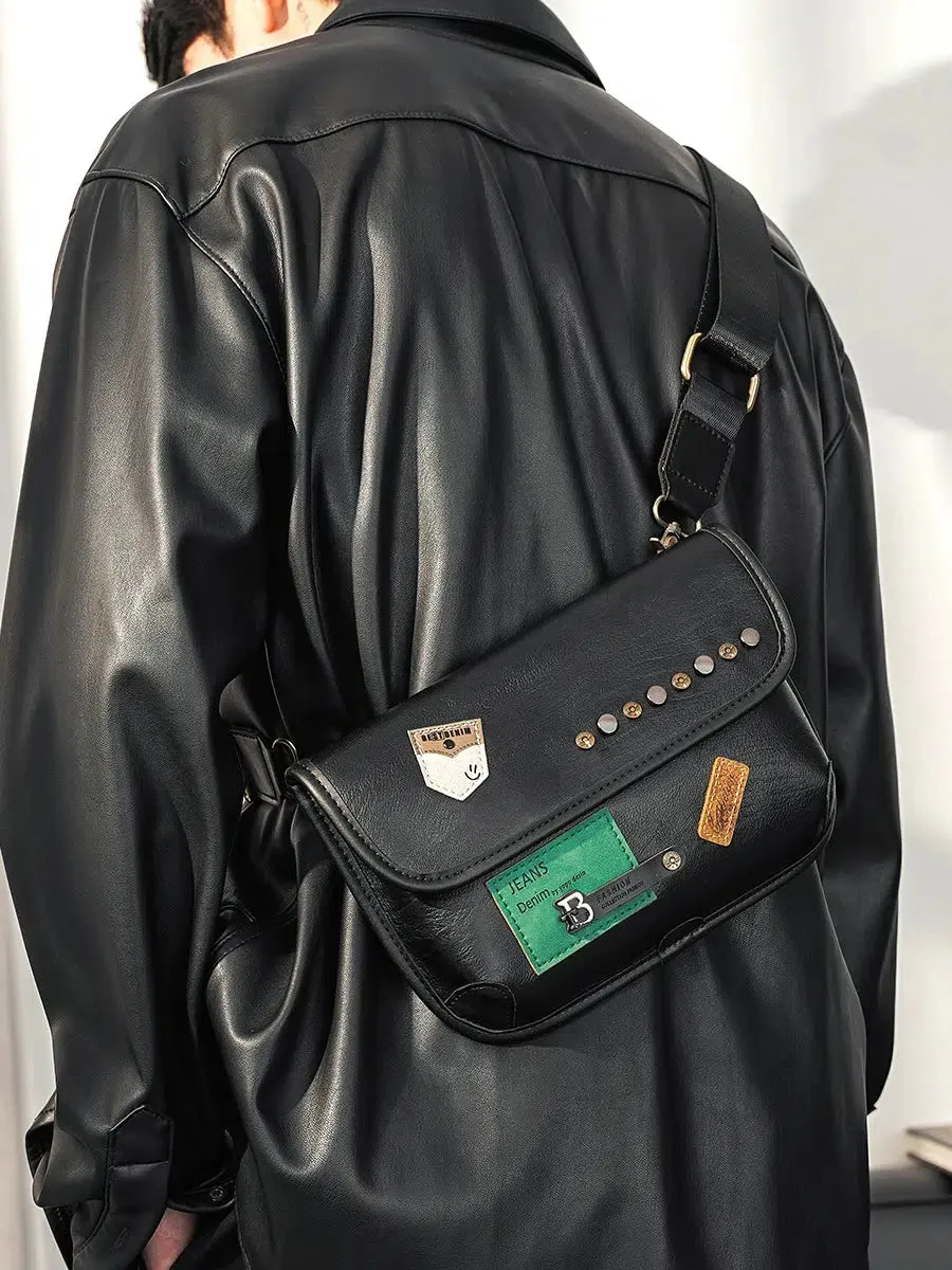 Leather Chest Bag with Patch Accents