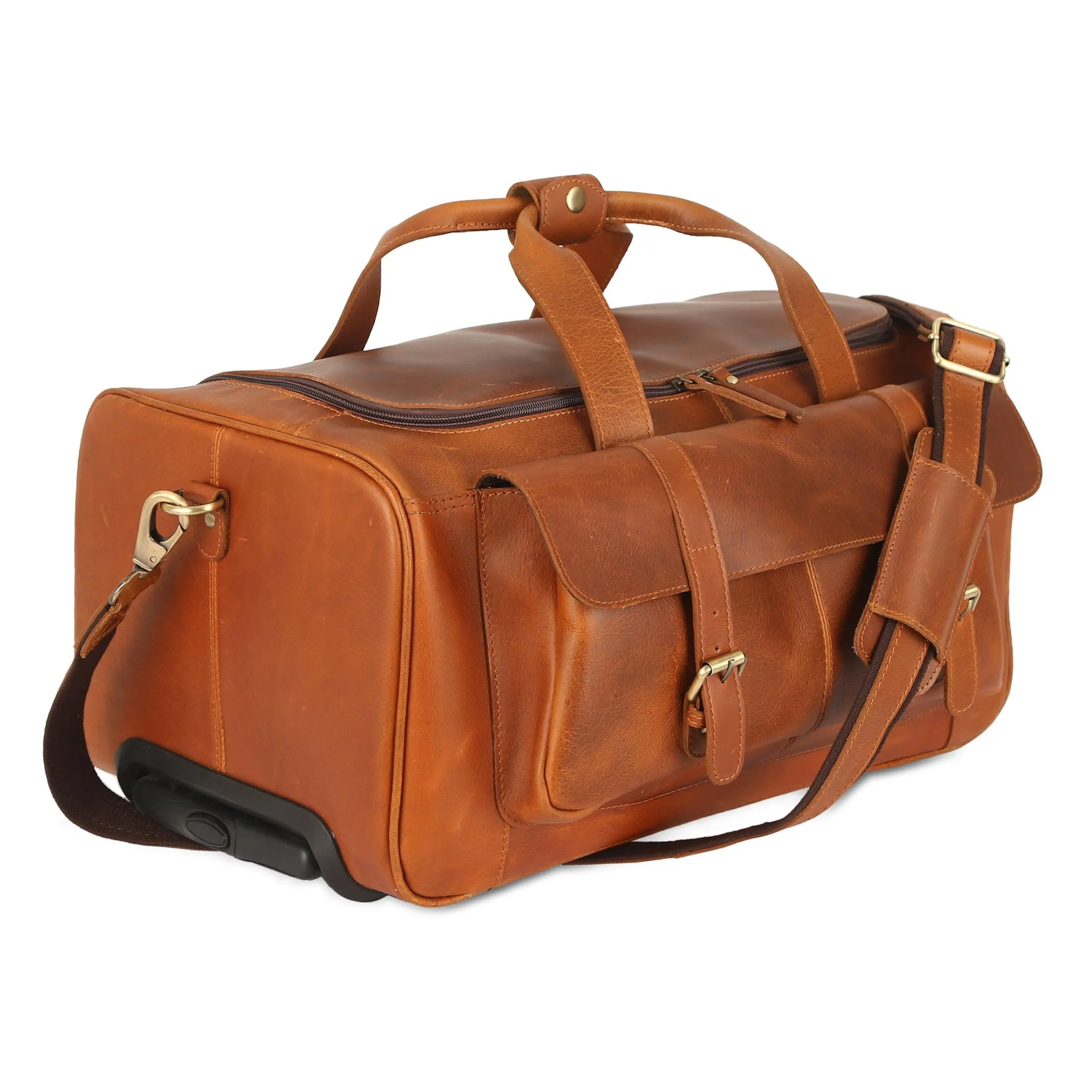 Leather Rolling Travel Duffle Bag for Men Women 21 inch with wheels Sports Overnight Weekend Duffel Gym Cabin Holdall with wheels for easy carry