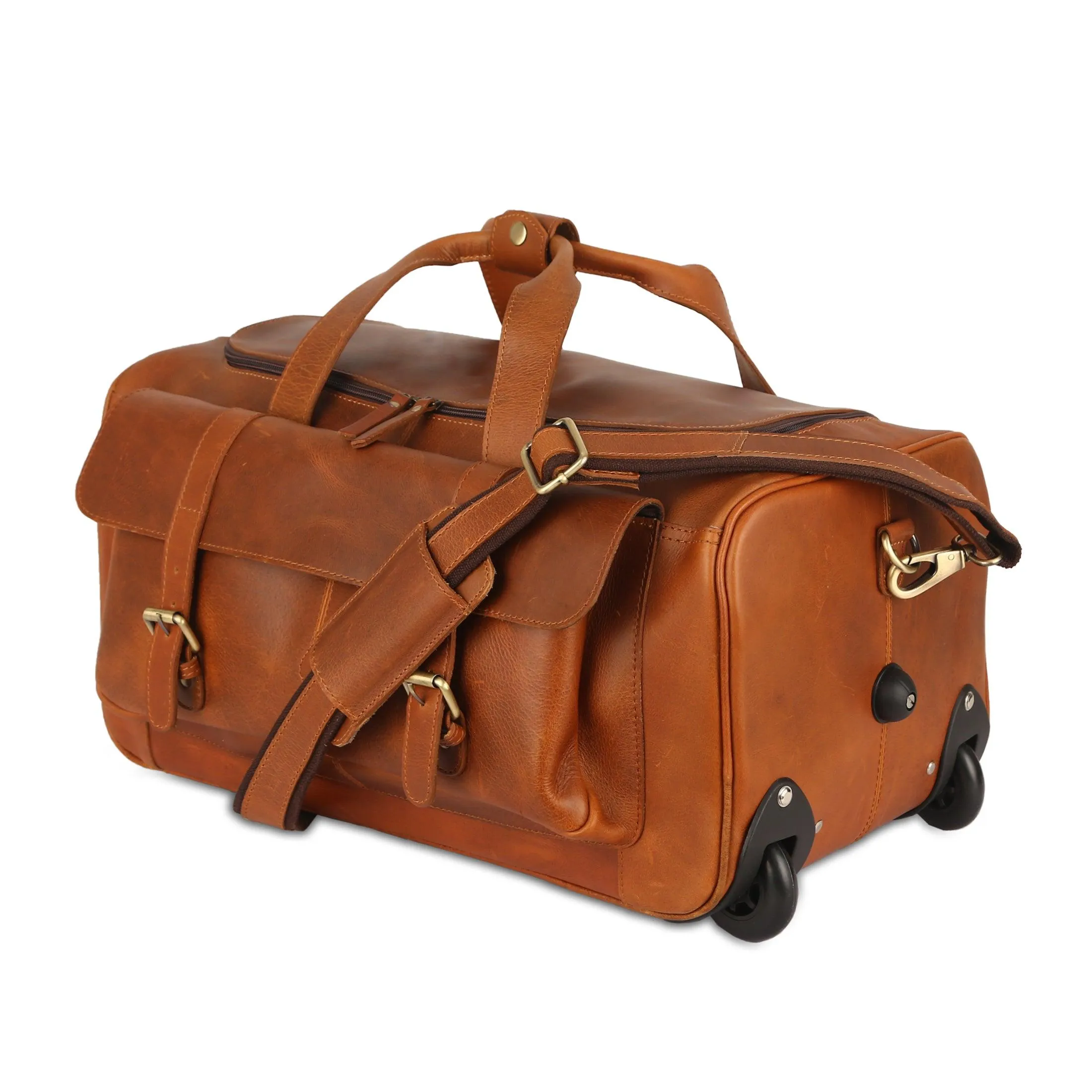 Leather Rolling Travel Duffle Bag for Men Women 21 inch with wheels Sports Overnight Weekend Duffel Gym Cabin Holdall with wheels for easy carry